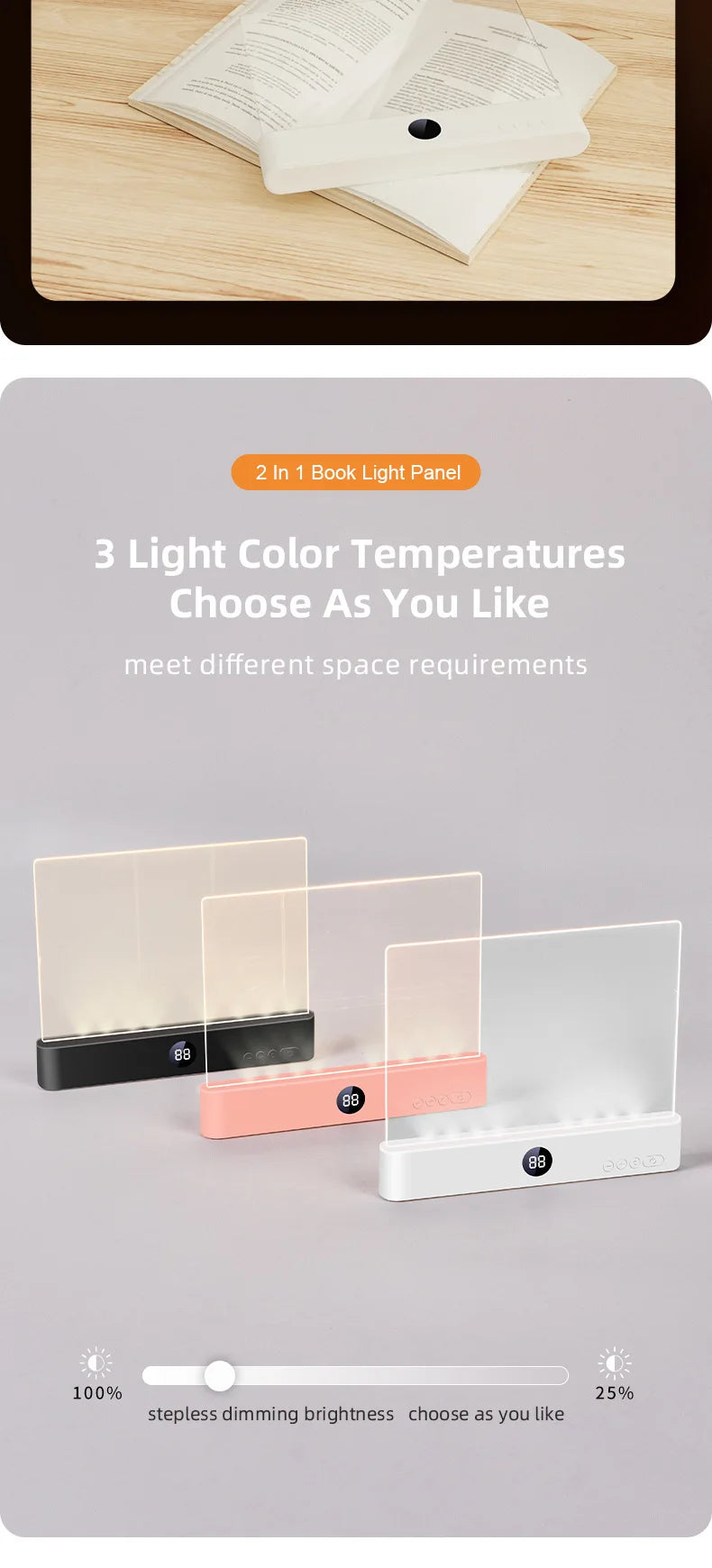Smart Led Reading Light, Book Lights at Night, Rechargeable Clear Flat Reading Lights with 3 Colors & Timer, Eye-Friendly Glow